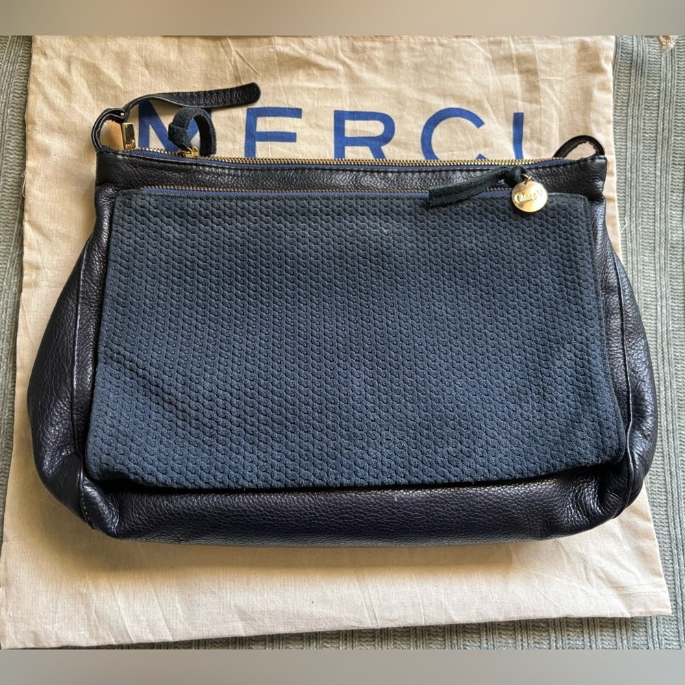 Clare V  Moyen Crossbody Bag with Leather Strap- Navy